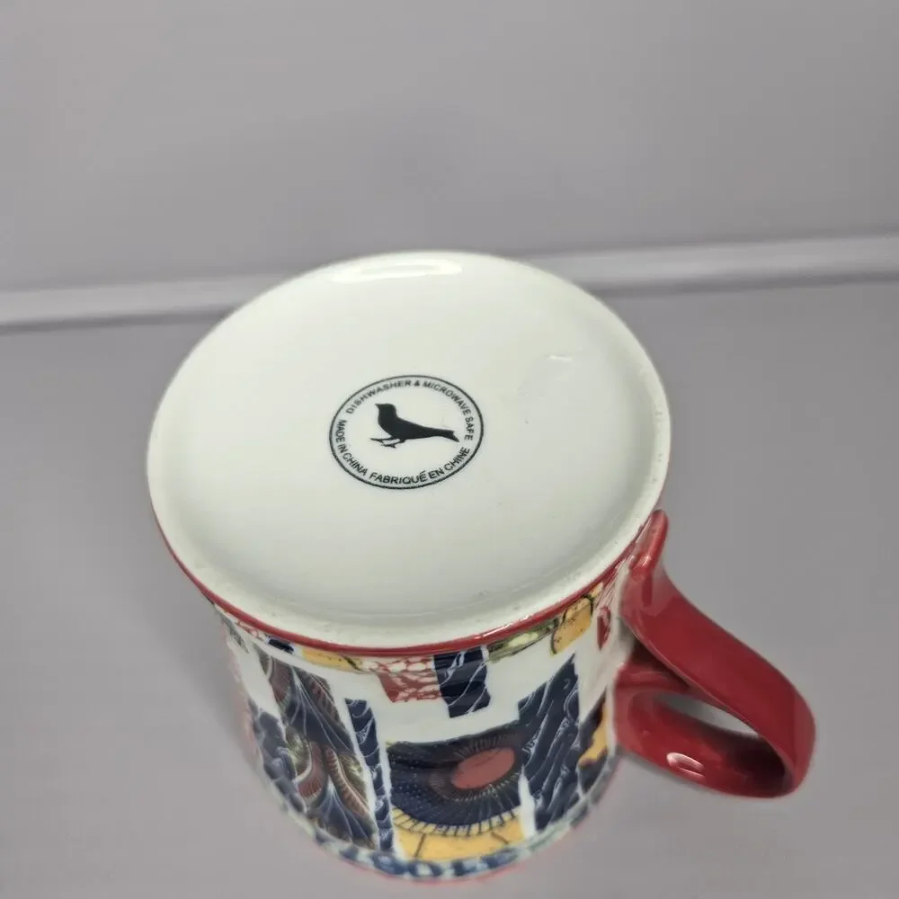 Anthropologie Coffee Tea Cup Mug Veritable Wax Block Prints Red C4